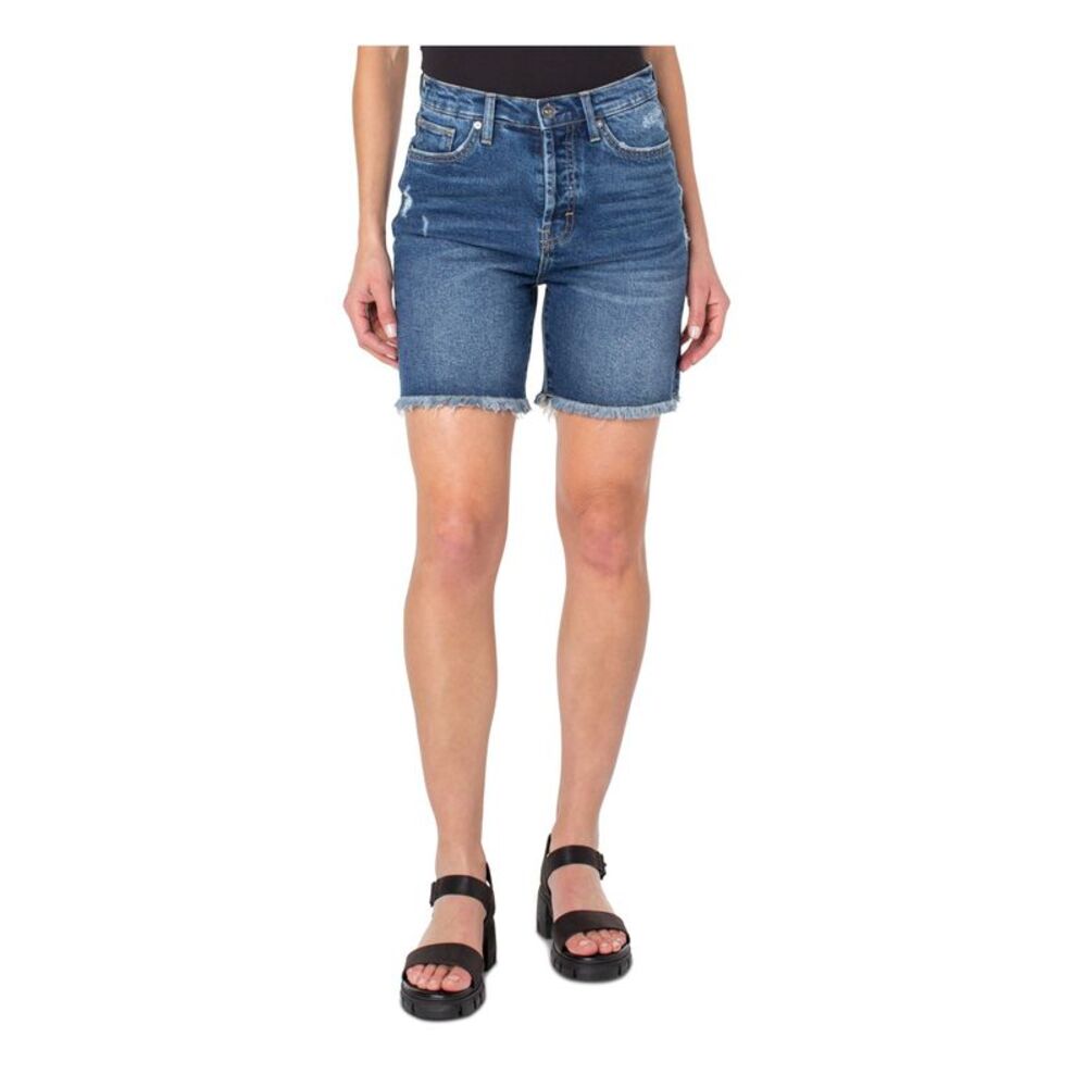EARNEST SEWN NEW YORK Womens Blue Denim Fly Cutoff Hem High Waist Shorts 32